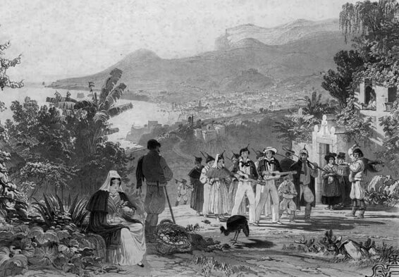 Ilustração “Funchal from the East” por Andrew Picken, contida na obra Madeira Illustrated, 1840 (entre pp. 4-5 do capítulo “Description of Madeira”, Plate 3)